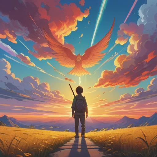 A serene landscape featuring a person gazing at planes soaring in the sky, symbolizing freedom and transcendence, vibrant clouds reflecting sunlight, tranquil surroundings, a sense of connection to the universe, emotional contemplation, uplifting energy, 4k