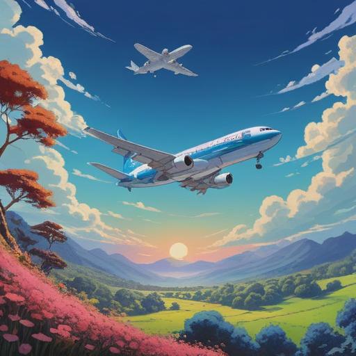 A serene landscape featuring a majestic airplane soaring through a clear blue sky, symbolizing freedom and spiritual elevation, radiating positive energy, surrounded by soft, fluffy clouds, a vibrant sun casting warm light, a sense of peace and hope, inviting and uplifting ambiance, 4k