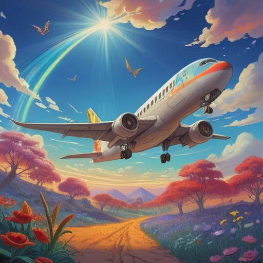 A serene landscape featuring a clear blue sky with a flying airplane, ethereal light beams shining down, symbolic birds soaring alongside as a spiritual sign, gentle clouds forming meaningful shapes, peaceful ambiance, subtle hints of divine presence, 4k