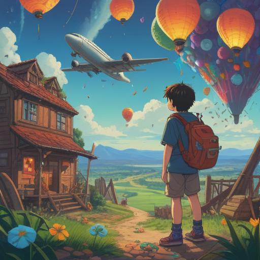 A serene outdoor scene, a person gazing at a vibrant sky filled with airplanes, surrounded by lucky charms and talismans, colorful good luck items displayed on a picnic blanket, clear blue atmosphere, cheerful expression, bright sunny day, inviting environment, 4k