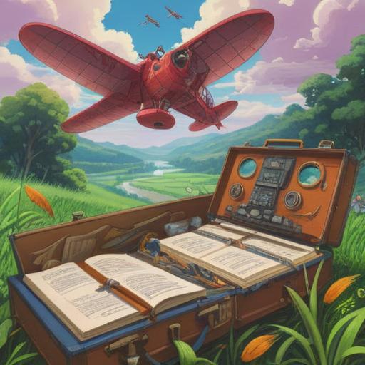 A serene outdoor scene depicting an array of aviation observation tools, including binoculars, a notebook, and a camera, set against a vivid sky filled with various airplanes in flight, lush green fields in the foreground, a peaceful atmosphere, inviting landscape, bright sunlight filtering through the clouds, detailed textures of the items, 4k