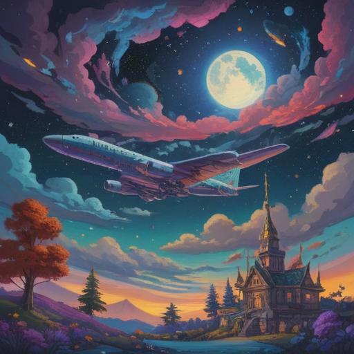 A surreal illustration of a dream featuring an airplane soaring through a starry night sky, vibrant colors, ethereal clouds, spiritual symbols floating around, conveying a sense of freedom and exploration, mystical atmosphere, representing deeper meanings and spiritual journeys, 4k