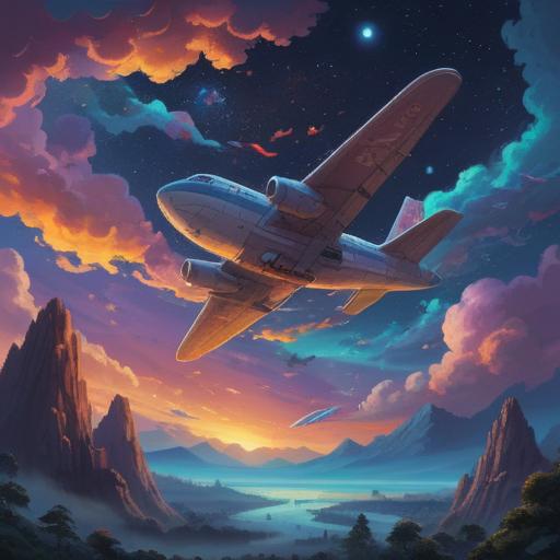 A dreamscape featuring an airplane soaring through a starry sky, ethereal clouds surrounding it, glowing spiritual symbols in the background, a sense of tranquility and enlightenment, vibrant colors, surreal atmosphere, intricate details of the plane, mystical light effects, 4k