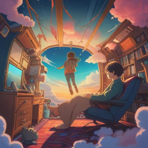 A surreal scene depicting a person waking up from a dream of flying in an airplane, vibrant colors, floating clouds, sunlight streaming through the window, a sense of hope and optimism, symbolic elements like an open door leading to new opportunities, uplifting atmosphere, 4k