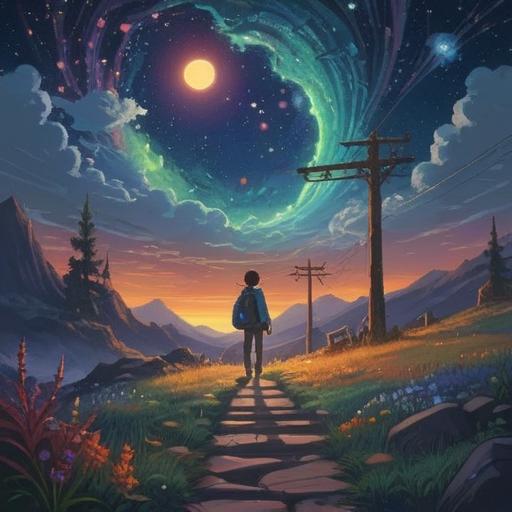 A symbolic illustration of stepping beyond dreams, a person standing at a crossroads, vibrant pathways leading into the unknown, a starry night sky above, ethereal glow illuminating the scene, conveying hope and aspiration, detailed surroundings with hints of adventure, emotional expression of determination, 4k