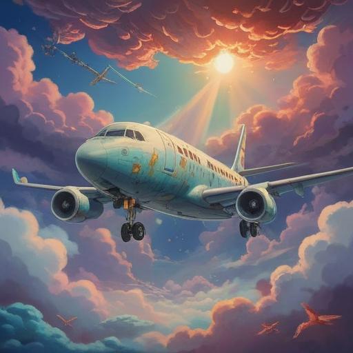 A surreal dream-like scene, a majestic airplane descending through fluffy clouds, glowing with a mystical light, symbols of hope and transformation in the sky, ethereal colors, tranquil atmosphere, spiritual awakening, dream interpretation elements, vibrant energies surrounding, 4k