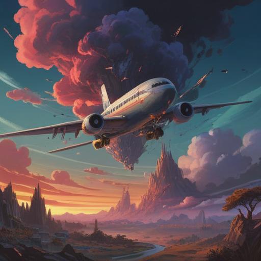 A surreal dreamscape with a crashing airplane, dark ominous clouds, surreal landscape, symbolic spiritual signs floating around, vibrant colors contrasting with darkness, deep emotional tones, a person observing in awe and fear, a sense of foreboding, intricate details in the scene, mystical atmosphere, 4k
