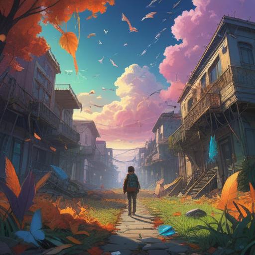 A surreal illustration depicting a dream-like scene after dreaming of a plane crash, a sky filled with vivid colors, falling feathers, a glowing lucky charm in the foreground, whimsical clouds, ethereal vibes, emotional undertones, rich textures, 4k