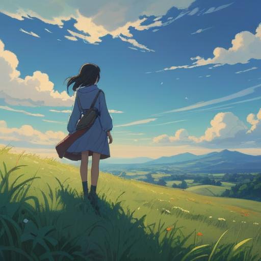 A serene landscape depicting a person standing on a grassy hill, gazing at a clear blue sky, soft clouds floating above, a gentle breeze rustling through the grass, symbolic elements of hope like blooming flowers and a rainbow in the background, a peaceful atmosphere conveying healing and optimism for the future, 4k