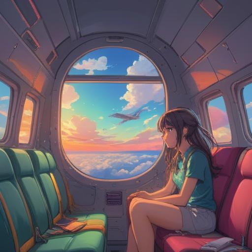 A serene and uplifting scene, a passenger gazing out of an airplane window, vibrant rainbow arching across the sky, clouds illuminated by sunlight, a sense of elevation and connection, spiritual symbolism of hope and positivity, tranquil atmosphere, expansive view, 4k