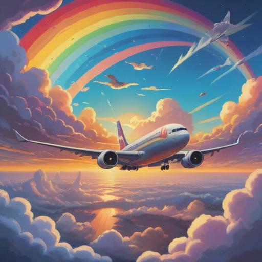 A spiritual scene viewed from an airplane, a vibrant rainbow arcing across the sky, soft clouds surrounding the aircraft, sunlight filtering through the mist, a sense of peace and wonder, passengers gazing out the window in awe, uplifting and positive atmosphere, 4k