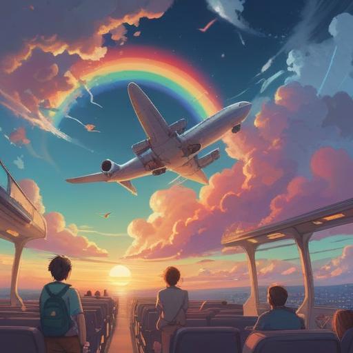 A serene airplane view, vibrant rainbow arching across the sky, ethereal light illuminating clouds, passengers gazing in awe, spiritual symbols subtly integrated, sense of wonder and connection with the universe, uplifting atmosphere, peaceful journey, 4k