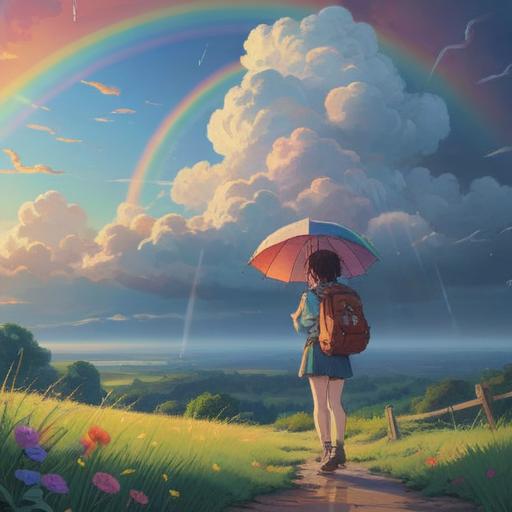 A serene scene of a cloud-filled sky, a colorful rainbow arcing gracefully after a rain shower, a small plane flying in the distance, a lucky stone shimmering in the sunlight, capturing the essence of good fortune, vibrant colors, harmonious nature, uplifting atmosphere, 4k