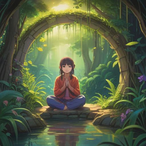 A serene landscape bathed in vibrant rainbow colors, a tranquil figure meditating under a vivid arch of light, surrounded by lush greenery, symbolic elements representing spiritual growth, ethereal aura, peaceful atmosphere, harmonious connection with nature, soft sunlight illuminating the scene, 4k