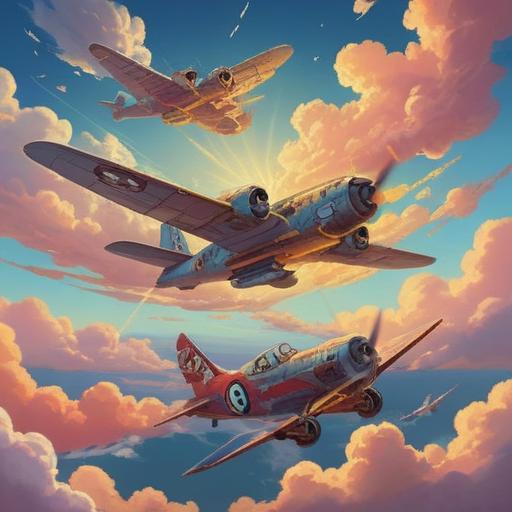 Three airplanes flying in formation, symbolizing spiritual connection and unity, ethereal clouds surrounding them, representing freedom and transcendence, sunlight breaking through, creating a divine glow, peaceful sky, harmonious atmosphere, detailed aircraft design, 4k