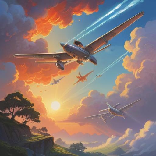 A serene and mystical scene depicting three airplanes flying in perfect formation, ethereal clouds surrounding them, beams of sunlight breaking through the clouds, a vibrant rainbow arcing in the background, symbolizing hope and positivity, soft waves of energy radiating from the planes, a clear blue sky, tranquil atmosphere, inspirational feeling, 4k