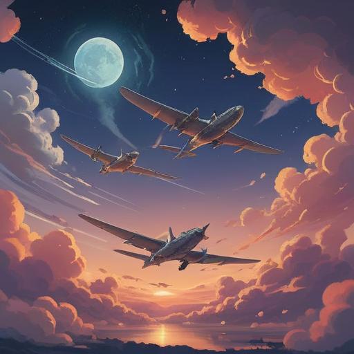 A serene landscape with three airplanes flying in the sky, symbolic spiritual signs visible in the clouds, ethereal light illuminating the scene, peaceful ambiance, deep blue sky, hints of nature in the foreground, signs that evoke introspection, 4k