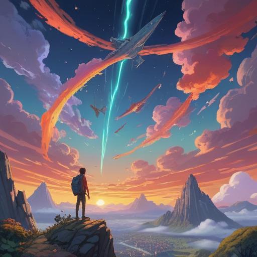 A vibrant scene depicting three airplanes soaring in the sky, a person looking up in awe, feeling a sense of luck and joy, bright blue sky with fluffy white clouds, feeling of wonder and excitement, dynamic composition, sense of adventure, warm sunlight illuminating the scene, 4k