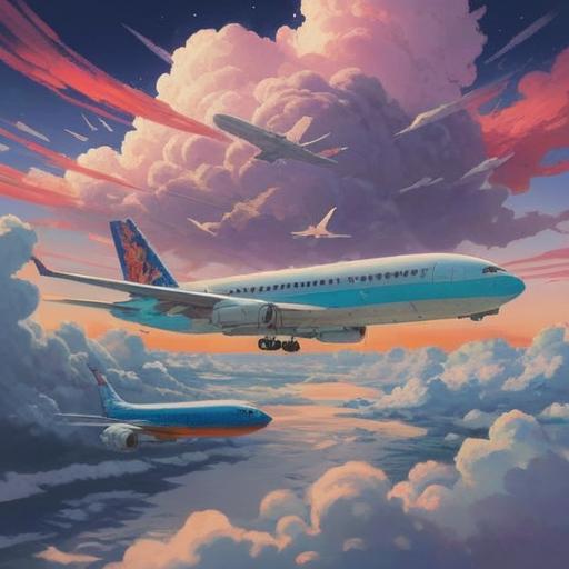 A spiritual scene depicting the repeated sight of airplanes, ethereal ambiance, symbolic representations of journeys and growth, clouds illuminated by soft sunlight, a serene landscape below, a feeling of freedom and expansion, elements of meditation and transcendence, vibrant colors blending harmoniously, 4k