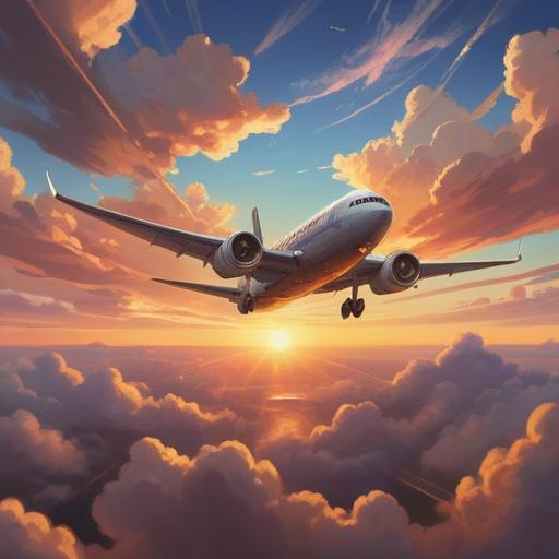 A serene illustration of an airplane soaring through a vibrant sunset sky, ethereal clouds surrounding it, rays of light breaking through, symbolizing hope and new beginnings, travelers looking out in awe, an aura of positivity, peaceful vibes, clear skies, spiritual journey, 4k