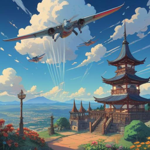 A serene landscape with a clear blue sky, multiple airplanes flying overhead, subtle glowing symbols representing spiritual signs, gentle clouds, tranquil atmosphere, a person gazing upwards in contemplation, vivid nature in the foreground, harmonious energy, 4k