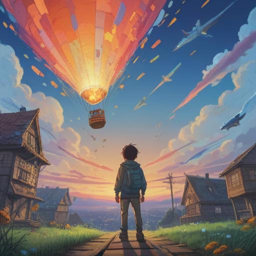 A whimsical scene of a person gazing up at a series of colorful airplanes flying in the sky, vibrant blue sky, a sense of excitement and anticipation, surrounded by cheerful clouds, playful expressions, a hint of magic, emphasizing the concept of a lucky action, inspiring adventures, bright and uplifting atmosphere, 4k