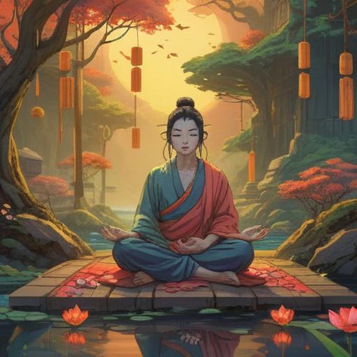 A serene and uplifting scene depicting the concept of attracting good fortune, a person meditating in a tranquil setting, surrounded by symbols of prosperity like blooming flowers and golden coins, soft sunlight filtering through trees, a gentle breeze conveying positivity, harmonious colors, peaceful atmosphere, inspirational aura, 4k