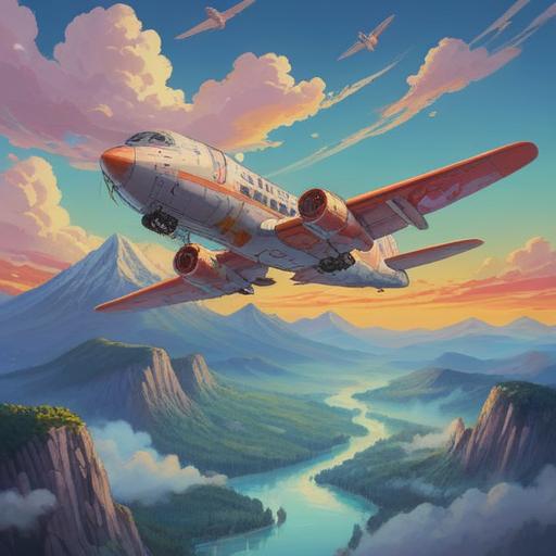A serene landscape depicting an airplane flying above tranquil mountains, symbolic representation of spiritual growth and freedom, soft clouds surrounding the plane, radiant sunlight illuminating the scene, sense of peace and harmony, gentle breeze, vibrant colors, 4k