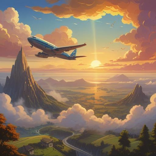 A serene landscape featuring an airplane soaring through a clear blue sky, soft clouds surrounding the aircraft, a golden sun casting warm light over a tranquil horizon, lush green fields below symbolizing growth and positivity, spiritual symbols subtly integrated into the scenery, a feeling of peace and enlightenment emanating from the airplane's path, 4k