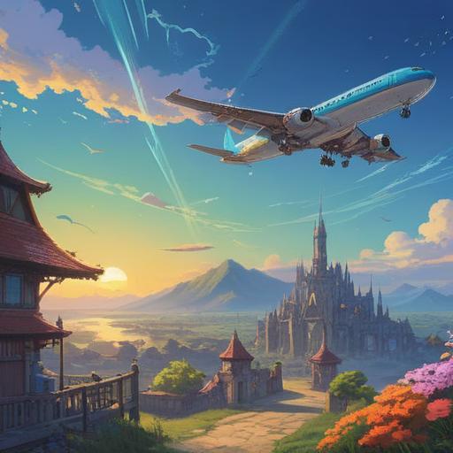 A serene landscape featuring a clear blue sky with an airplane flying overhead, subtle sound waves emanating from the aircraft, ethereal light beams shining down, symbols of spiritual guidance such as feathers and orbs gently floating in the scene, tranquil atmosphere, nature elements like trees and flowers, hint of clouds, 4k