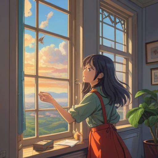 A vibrant illustration of a person standing by an open window, joyful expression, sunlight streaming in, holding a small, intricate airplane charm, soft clouds outside, distant airplane silhouette in the sky, colorful good luck items scattered around, warm and inviting atmosphere, 4k