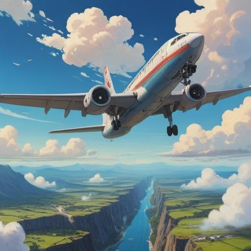 A serene landscape depicting an airplane soaring through a clear blue sky, the sound of the aircraft symbolizing new possibilities, vibrant colors capturing the essence of hope, fields stretching below, sunlight illuminating the path ahead, a sense of freedom and adventure, 4k