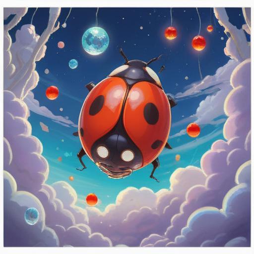 A flying ladybug surrounded by glowing orbs of light, symbolizing transformation and good fortune, vibrant colors, ethereal background with soft clouds, harmonious and uplifting atmosphere, intricate patterns representing spiritual growth, 4k