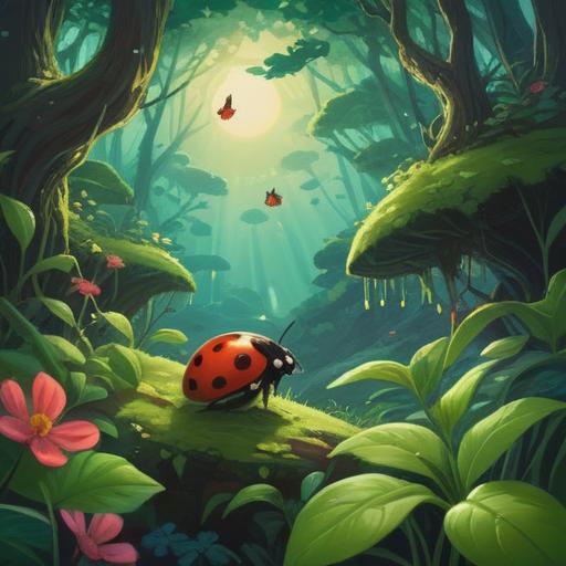A flying ladybug, vibrant colors, spiritual symbolism, positive energy, lush green garden background, sunlight filtering through leaves, serene atmosphere, delicate wings glistening, 4k
