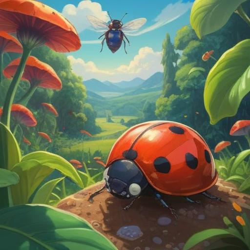 A vibrant scene depicting a flying ladybug, bright colors, sunny garden environment, symbolic elements like rays of light or auras, serene atmosphere, connection to nature, spiritual symbolism, intuitive guidance, 4k