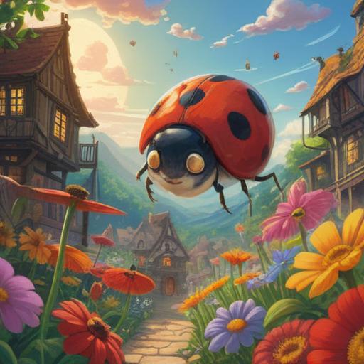 A vibrant illustration of a cheerful setting, a bright red ladybug soaring through a sunny sky, surrounded by colorful flowers, the ladybug's wings sparkling with magical light, a sense of joy and good fortune in the atmosphere, a close-up view showing the details on the ladybug's back, lush greenery in the background, whimsical elements like rainbows and butterflies, 4k