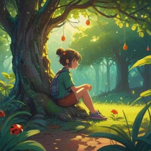 A serene illustration depicting a person sitting peacefully under a tree, watching a ladybug flying gracefully in the sunlight, surrounded by a lush green landscape, calm expression reflecting tranquility, gentle breeze rustling leaves, soft focus on the ladybug, vibrant colors, harmonious atmosphere, evoking feelings of inner peace and mindfulness, 4k