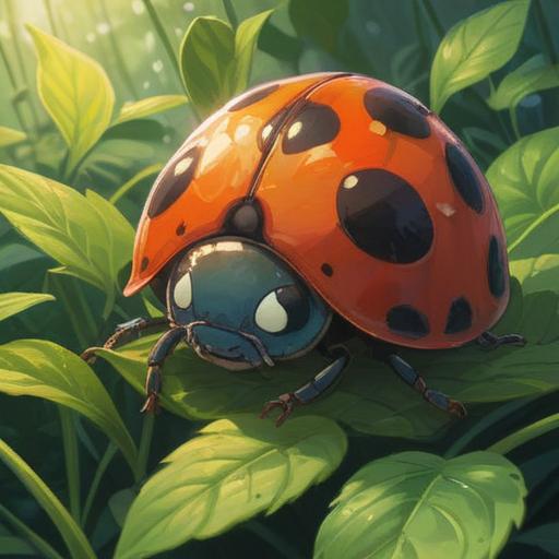 A flying ladybug, vivid colors, symbolizing spirituality and good luck, surrounded by a serene garden, sunlight filtering through leaves, gentle breeze, representing transformation and joy, detailed wings, peaceful atmosphere, harmonious nature, 4k