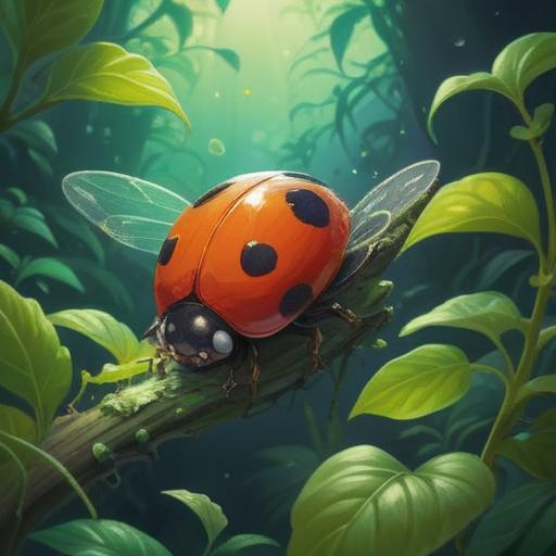 A flying ladybug symbolizing spiritual good signs, vibrant colors, mystical aura, nature background with lush greenery, soft sunlight filtering through leaves, intricate details of the ladybug’s shell, serene atmosphere, harmonious elements, 4k