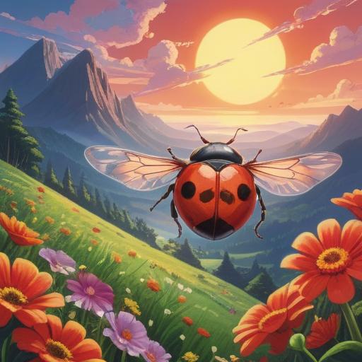 A colorful illustration of a flying ladybug, symbolizing spirituality, surrounded by vibrant flowers, a serene landscape in the background, soft sunlight filtering through leaves, intricate details on the ladybug's wings, a sense of peace and harmony, bright and cheerful mood, 4k