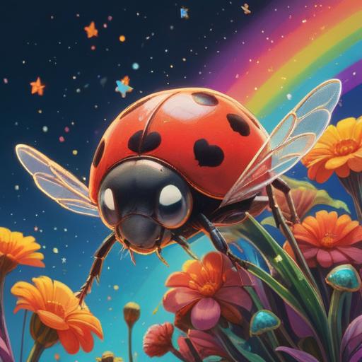 A vibrant close-up of a ladybug in flight, surrounded by sparkling stars, a colorful rainbow in the background, an open palm reaching out to catch it, symbols of luck such as four-leaf clovers and coins scattered around, bright and cheerful atmosphere, magical realism, 4k