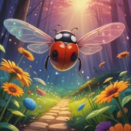 A whimsical scene of a flying ladybug, colorful wings glowing in the sunlight, a trail of sparkling light behind it, surrounded by vibrant green leaves and flowers, symbolizing inspiration and new discoveries, a serene and magical atmosphere, soft focus, inviting and uplifting mood, 4k