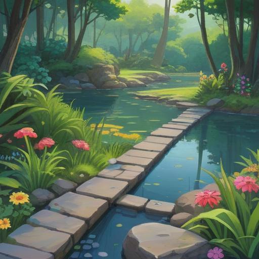 A serene landscape featuring stepping stones across a tranquil pond, surrounded by lush greenery and vibrant flowers, symbolizing spiritual journeys and personal growth, dappled sunlight filtering through the trees, a sense of peace and connection with nature, gentle ripples in the water, 4k