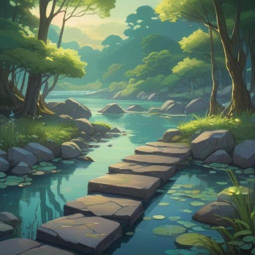 A tranquil scene featuring stepping stones crossing a serene pond, ethereal glow surrounding the stones, soft ripples in the water, lush greenery in the background, delicate light filtering through trees, a sense of peace and spiritual connection, nature-inspired elements, 4k