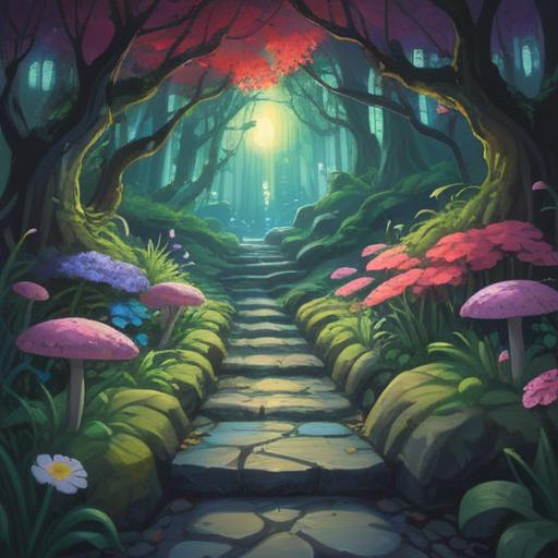 A serene and mystical scene depicting a pathway of stepping stones, illuminated by soft, ethereal light, surrounded by lush greenery and vibrant flowers, with subtle symbols of spiritual significance emerging from the stones, gentle mist hovering above, inviting atmosphere, tranquil garden setting, rich details, 4k