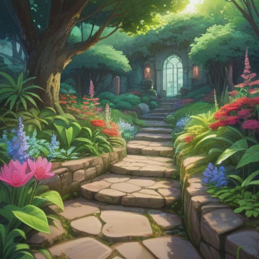 A serene scene featuring stepping stones in a tranquil garden, surrounded by lush greenery and vibrant flowers, sunlight filtering through the leaves, a gentle breeze stirring the petals, a person pausing in contemplation, feeling lucky, 4k
