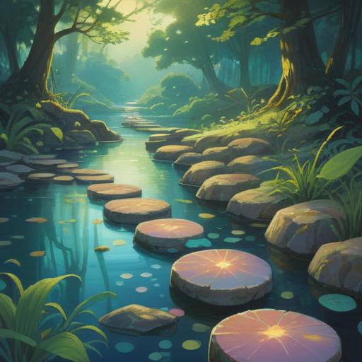 A tranquil scene featuring stepping stones across a serene pond, ethereal light illuminating the stones, gentle ripples in the water, lush greenery surrounding the area, spiritual symbols engraved on the stones, calm reflective atmosphere, nature connecting with the soul, 4k