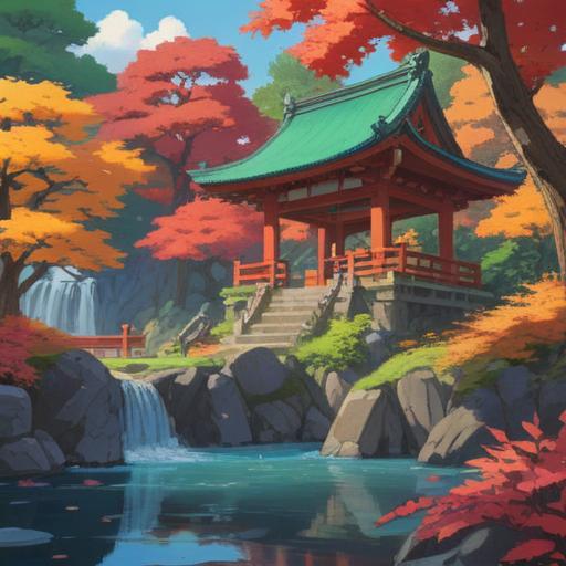 A serene landscape of Hirataki Shrine, surrounded by lush greenery and ancient trees, mystical atmosphere, vibrant autumn leaves, gentle stream flowing nearby, spiritual essence reflected in the sacred architecture, tranquil setting that invites meditation, historical significance, harmony with nature, 4k