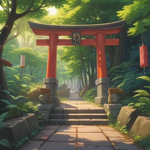 A serene and mystical illustration of the Hidaka Shrine, surrounded by lush greenery, soft rays of sunlight filtering through the trees, gentle flowing water nearby, ethereal atmosphere, symbols of spirituality such as a glowing orb and ancient scripts, harmony between nature and architecture, inviting and peaceful setting, 4k