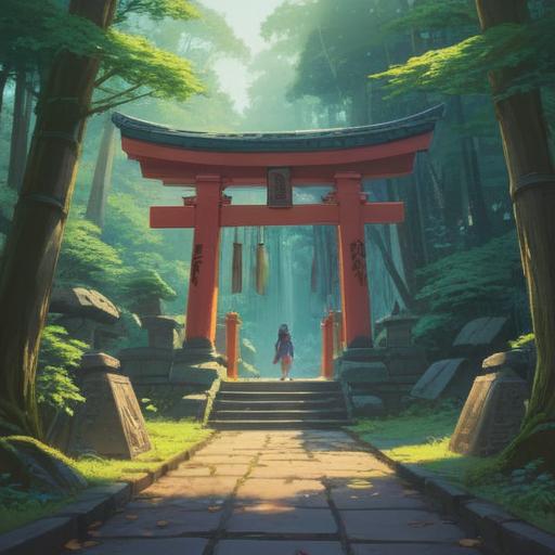 A serene illustration of a visitor approaching Hitaki Shrine, mystical atmosphere, lush green forest surrounding the shrine, ethereal light filtering through the trees, spiritual symbols subtly integrated into the scenery, a calm river nearby reflecting the shrine, soft mist enhancing the spiritual vibe, peaceful and inviting aura, intricate details on the shrine's architecture, 4k